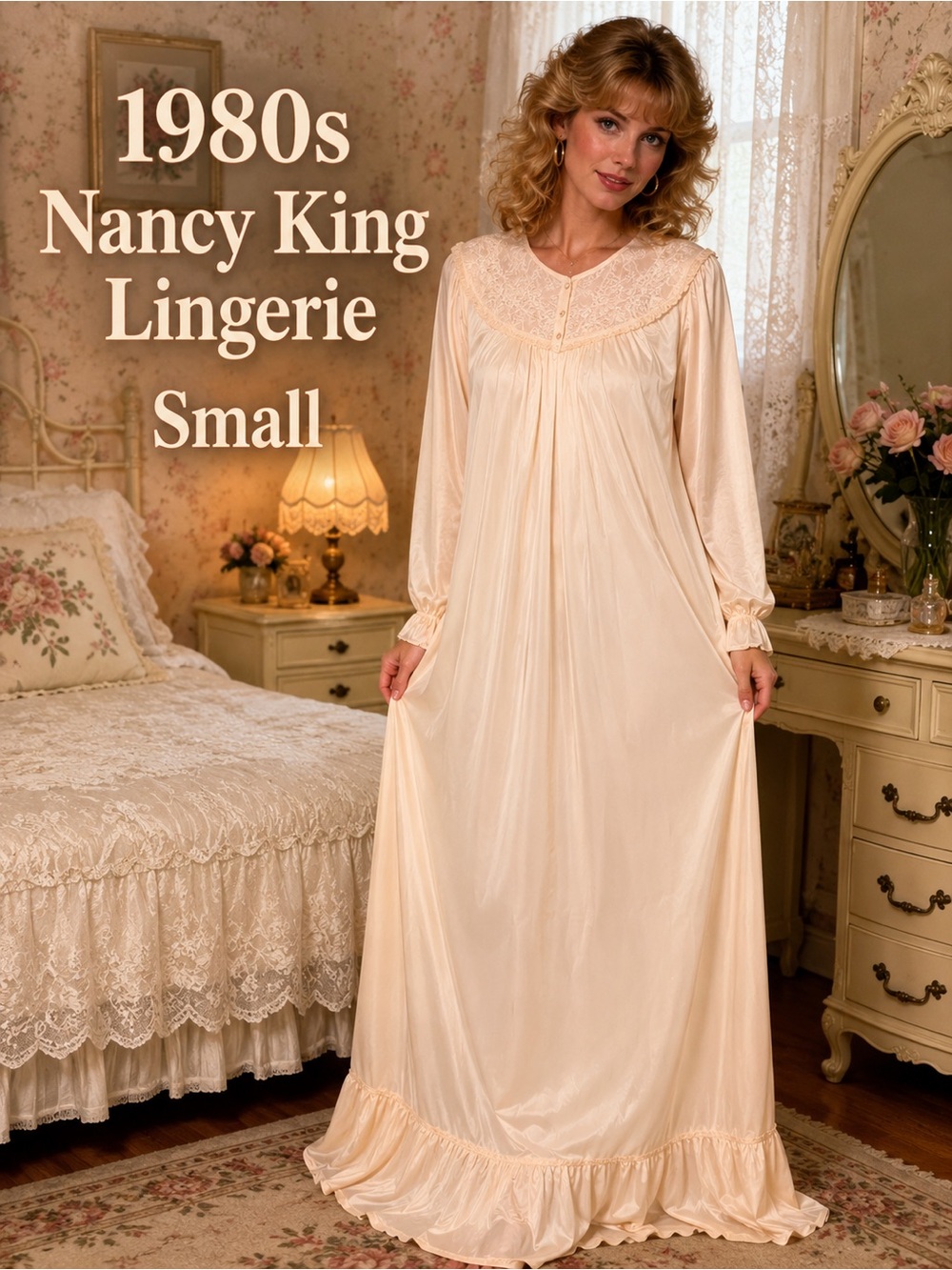 Vintage 1980s Nancy King Nylon Granny Gown Peach Lace Nightgown S